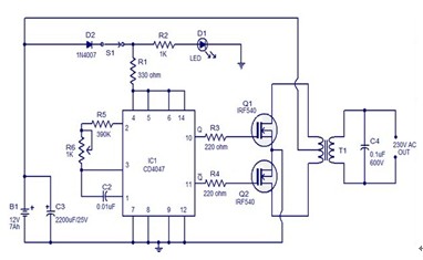 一款使用集成电路cd4047和mosfet irf540组成的简单100w逆变器电路图