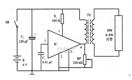 一款采用TWH8751作自激振荡和功率输出开关的7W直流日光灯电路图