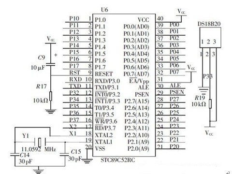 一款采用一线通信作为接口的微控制器模块和DS18B20 的连接电路图