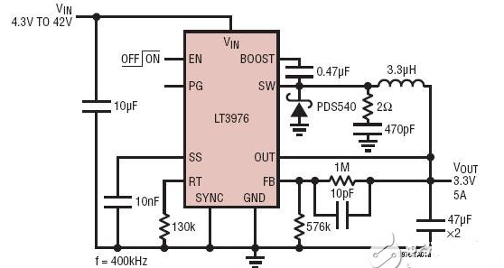 一款可调频率、单片式、降压型、可接受一个高达 40V 的宽输入电压范围LT3976开关稳压器