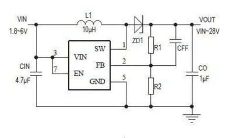 一款可以使使外部的肖特基二极管D1正偏并导通的PS61040典型应用电路图