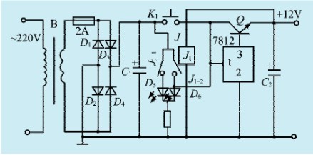 一款带过流保护的12V稳压电源电路