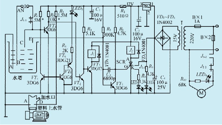 一款水塔自动供水保护电路