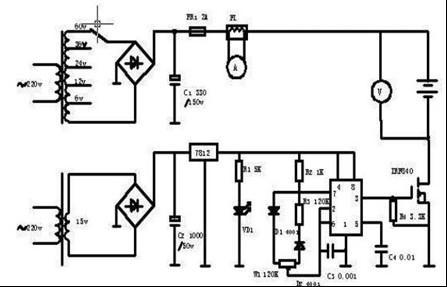 一款用变压器调压可调脉宽震荡器驱动CMOS管的高性能蓄电池修复器电路图