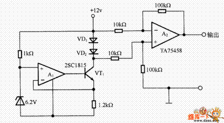 一款采用硅二极管VD1和VD2作为温度传感器的应用电路图