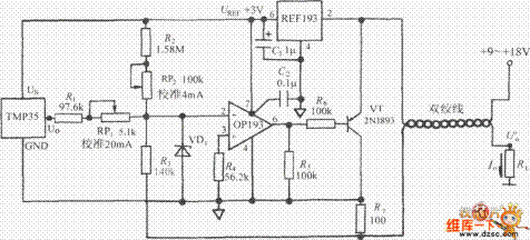 一款可将TMP35输出电压信号变换成4～20mA标准电流信号的温度变送器电路图