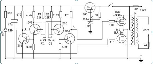 一款可以将１２Ｖ电源电压变为２２０Ｖ市电的晶体管逆变器电路图