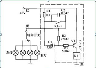 一款由自激多谐振荡器带动继电器的摩托车电子闪光电路图