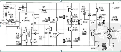 一款采用双向晶闸管自动点亮的过道灯电路图