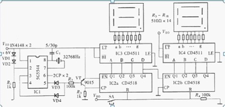 两位数显秒计时器电路图