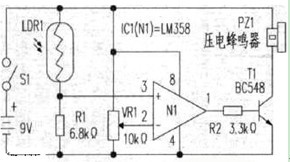 一款由光敏电阻控制用途广泛的防盗报警电路图