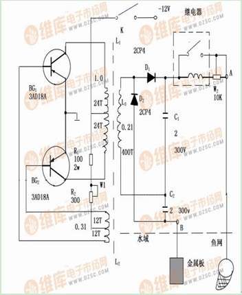 一款能将深底层鱼类击昏浮出水面任意捕捞的小型电子捕鱼器制作电路图