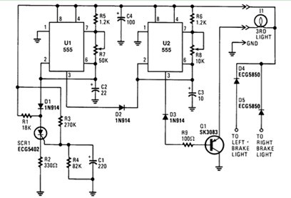 一款可以起到防止追尾事故发生的目的闪光刹车灯电路图