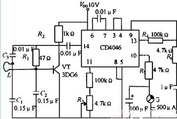 一款由CD4046构成的可利用该报警信号驱动自动剔除装置的金属探测仪电路图
