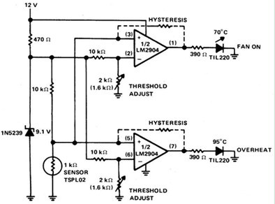 一款用于指示两个不同的水温触发点的PTC热敏电阻构成的汽车温度指示器电路图