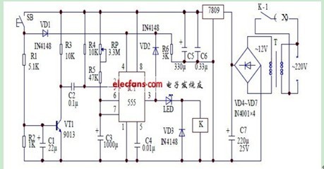 一款可以通过调节可变电阻器来实现改变定时时间的抗干扰定时器电路图