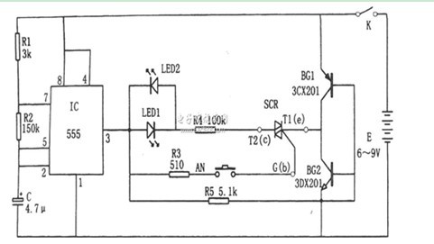 一款由脉冲信号发生器、闭合导通环路等组成的33CX201可控硅快速测试仪电路图