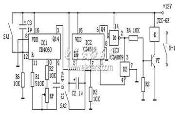 一款由CD4060构成可切断被控电路工作电源的精确长延时原理电路图