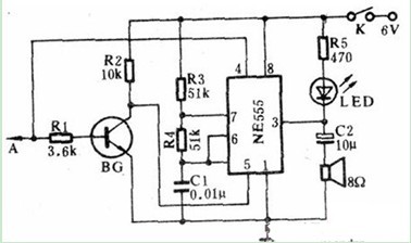 一款用一块555时基集成电路和少量外围元件组成的声光数字电平检测器电路图