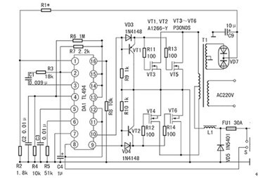 一款用TL494做内部设有比较器组成的死区时间控制电路400W大功率稳压逆变器电路图