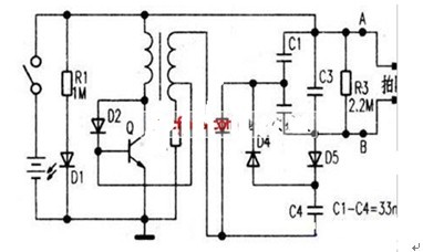 一款能产生一千多伏的直流电压用高压去电击蚊子的电蚊拍电路图