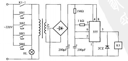 一款采用555集成电路芯片控制的多点控制走廊定时灯电路图