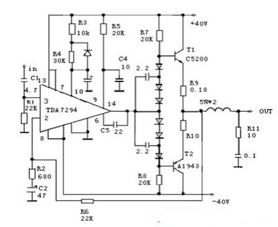一款有内置的静音待机，短路电流及过热保护功能的TDA7294标准应用原理电路图