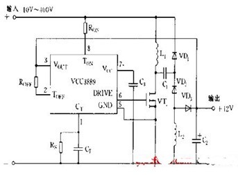 一款可改变导通与关断时间使输出电压稳定的UCC3889典型应用电路图