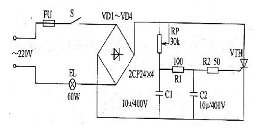 一款调节RP可改变灯泡E的亮度大小的晶闸管调光灯电路