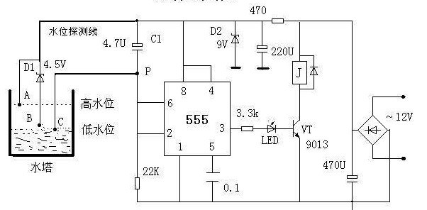 一款可现场查看水塔水深信号和控制水泵进行缺水保护水塔水位控制器电路