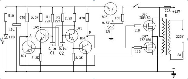 一款可以利用到家庭自用的小型发电机上的晶体管逆变器电路图