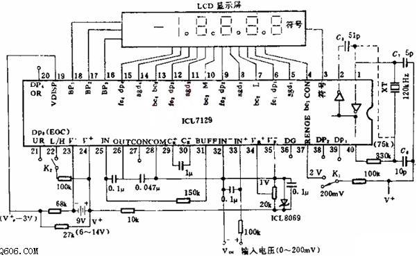 一款由单片机CMOS IC构成配有矩阵多路扫描数显器的四位半数显电压表电路图