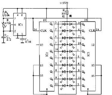 一款由两只绿灯和变色二极管组成的三色跑马灯电路图