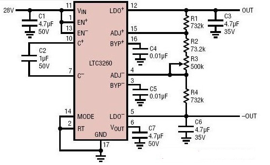 一款通过双极性输出电源LTC3260控制的双通道跟踪双极性电源电路图