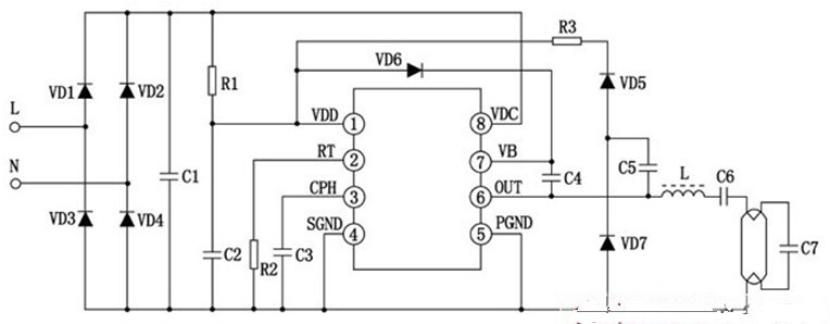 一款采用R2156电子镇流器控制芯片的紧凑型荧光灯电路图