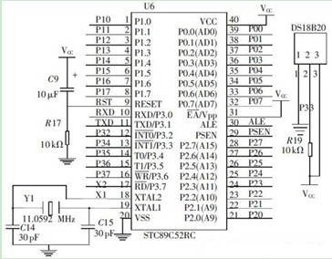 微控制器模块和DS18B20 的连接电路图