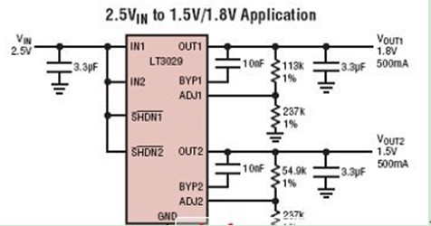 一款利用旁路电容器可把输出噪声降低至仅 20μVRMS的 LT3029应用电路图