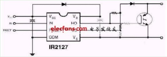 一款过流存在则重复有效输入信号 IC的IR2127/IR2128典型接线电路图