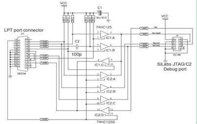 一款允许大量的模拟和数字外设中断的C8051F并口下载器原理电路图