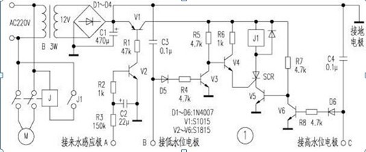 一款把水路和地阻作为三极管偏置电路一部分的自动增压水泵设计方案电路图