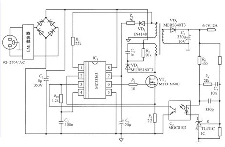 一款MC33363构成的可以通过变压器进行调整的6V／2A隔离式电源电路图