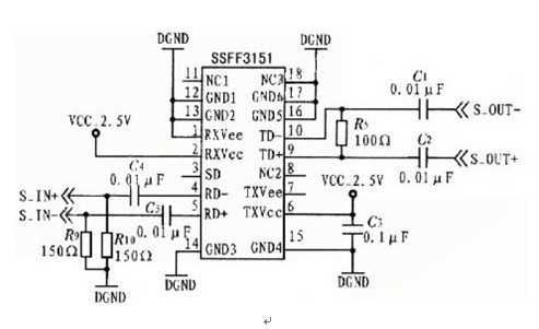一款应用在以太网电缆无法覆盖定位于宽带城域网的光收发器SSFF3151的电路图