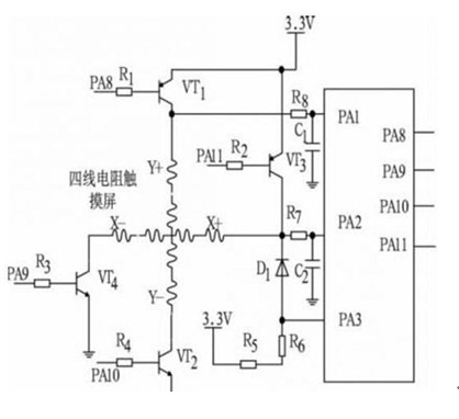 四线电阻触摸屏的接口电路图