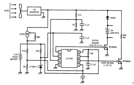 一款其电压输出与每分钟转速成正比的风力发电机电池充电电路图