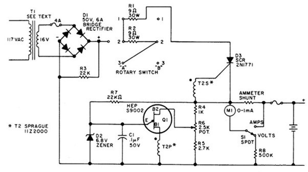 一款电源变压器次级范围为14V到24V的12V的单结型晶体管充电器