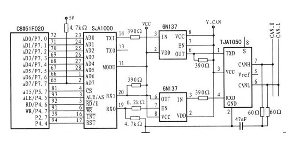 一款采用超大规模集成电路技术的单片机与SJA1000 CAN控制器接口电路图