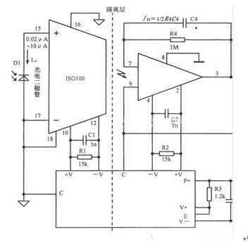 一款仪器放大器（或运放）和单位增益隔离级构成隔离放大器电路图