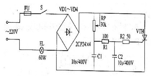 一款导通时间与所加的脉冲宽度及门极电流大小有关的晶闸管调光灯电路