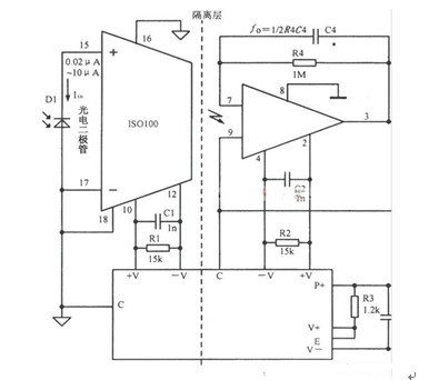 一款仪器放大器（或运放）和单位增益隔离级构成隔离放大器电路图